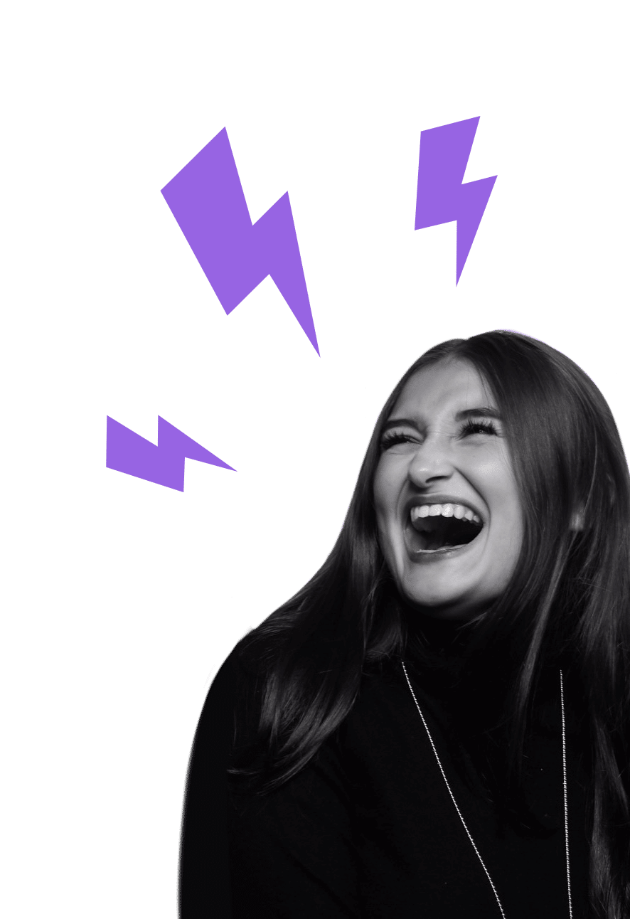 Happy Laughing Student with Purple Lightning Bolts
