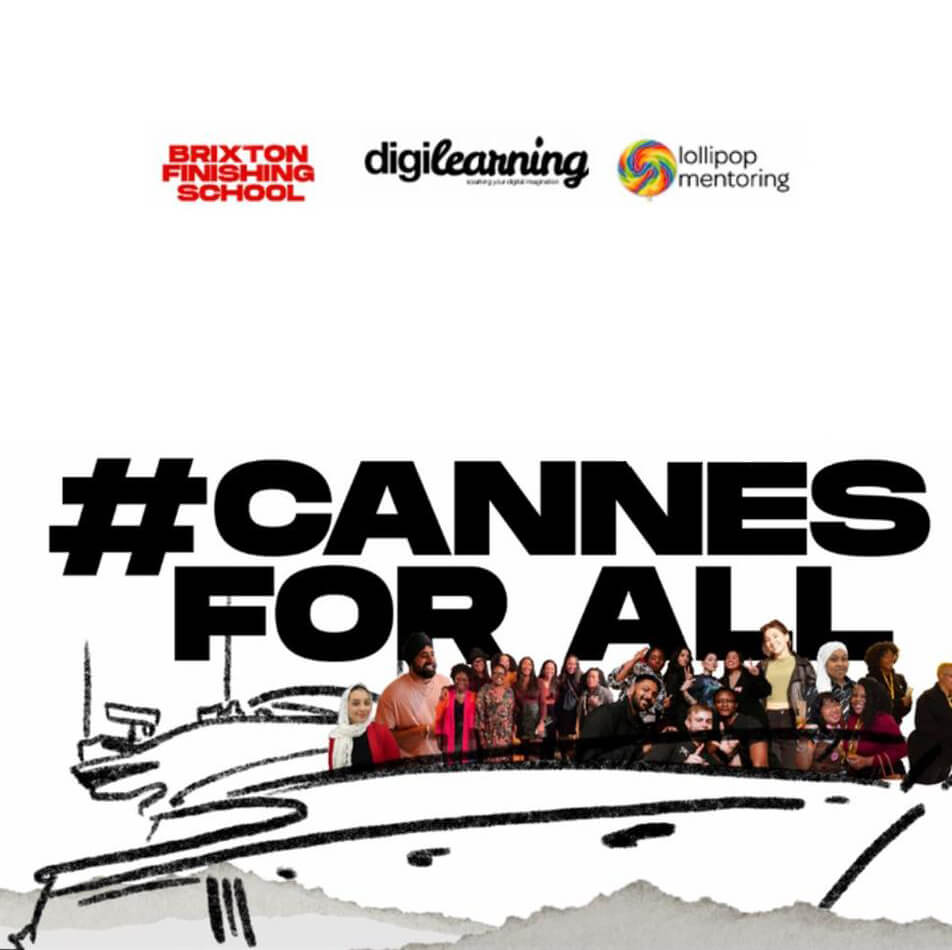 Group of Brixton Finishing School students on a drawn boat with the hashtag cannes for all behind them